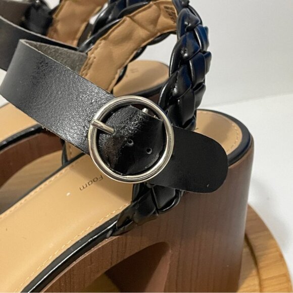 Black Chunky Platform Sandal Square Toe Faux Leather Ankle Strap Heel Size 11 - Picture 4 of 7